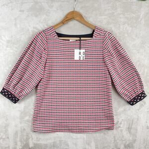 RO & DE NWT Houndstooth Blouse Top Small Square Neck Lace Trim Office Siren